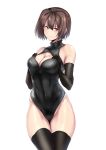  1girl blush breasts brown_eyes brown_hair cleavage cleavage_cutout competition_swimsuit hyuuga_(kantai_collection) kantai_collection large_breasts one-piece_swimsuit short_hair smile solo sweatdrop swimsuit thigh-highs ulrich_(tagaragakuin) 