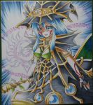  1girl aqua_eyes aqua_hair armband choker colored_pencil_(medium) duel_monster evigishki_mind_augus eyeshadow fingerless_gloves gishki_ariel gloves hat looking_at_viewer makeup omega_na_hito payot smile solo staff traditional_media witch_hat yuu-gi-ou 