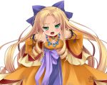  blonde_hair detached_sleeves dress enjutsu green_eyes hands_on_hips highres jewelry koihime_musou leaning_forward long_hair necklace open_mouth ribbon sleeves_past_wrists very_long_hair 