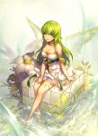  1girl bare_shoulders barefoot breasts cleavage dress fairy fairy_wings feet_in_water flower green_hair long_hair metto original sitting soaking_feet solo strapless_dress water wings yellow_eyes 