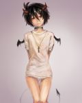  1boy black_hair bottomless carrot_(carrotsgame) choker demon_boy horns original red_eyes shirt shota solo tail 