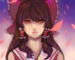  1girl 2015 absurdres artist_name blank_eyes bow brown_eyes brown_hair collarbone dated expressionless face gradient gradient_background hair_bow hair_tubes hakurei_reimu highres light_smile lips long_hair looking_at_viewer petals pink_background portrait purple_background shaded_face solo touhou uu＿ser 