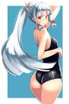  1girl alternate_costume ass bangs blunt_bangs blush hair_ribbon kantai_collection long_hair looking_at_viewer mouth_hold murakumo_(kantai_collection) one-piece_swimsuit red_eyes ribbon silver_hair simple_background solo swimsuit wamwam 