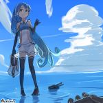  1girl blue_eyes blue_hair cannon clouds cloudy_sky elbow_gloves gloves kantai_collection long_hair ocean rinrin_(rinrin_monacoin) sailor_collar samidare_(kantai_collection) skirt sky smile solo standing standing_on_water thigh-highs turret very_long_hair wet wet_clothes wet_hair 