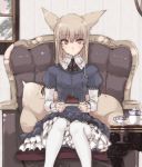  1girl animal_ears armchair cake chair coffee_table cup cushion dress food frilled_shirt_collar holding_plate juliet_sleeves light_brown_hair long_sleeves original pantyhose plate puffy_sleeves ribbon saucer sitting slice_of_cake solo teacup teapot touma_raito violet_eyes white_legwear 