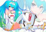  1girl bare_shoulders blue_eyes blue_hair detached_collar dress elbow_gloves gloves goodsmile_company gradient_hair green_hair hatsune_miku highres kyo_(kyo21413) long_hair looking_at_viewer multicolored_hair smile solo strapless_dress thigh-highs twintails very_long_hair vocaloid white_dress white_gloves white_legwear 