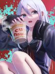  1girl bare_legs blue_eyes collarbone feet_out_of_frame food grey_hair grey_jacket hair_between_eyes highres holding holding_food jacket looking_at_viewer open_mouth project_sekai ramen red_ribbon ribbon sakurano.neko sidelocks sleeves_past_fingers sleeves_past_wrists smile solo swept_bangs yoisaki_kanade zipper_pull_tab 