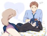  1boy 1girl animal_ears apfl0515 blue_hair blush brown_eyes brown_hair closed_eyes dog_ears gekkan_shoujo_nozaki-kun heart hori_masayuki kashima_yuu petting pleated_skirt short_hair shorts_under_skirt skirt tail tail_wagging white_background 