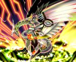  blurry cyber_dragon_infinity dragon duel_monster electricity glowing glowing_eye mechanical mechanical_wings no_humans omega_na_hito open_mouth wings yuu-gi-ou 