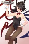  1girl animal_ears asymmetrical_wings bare_shoulders black_hair black_legwear bottle bowtie breasts bunny_girl bunny_tail bunnysuit cleavage cup detached_collar fishnet_pantyhose fishnets hand_on_hip houjuu_nue looking_at_viewer pantyhose rabbit_ears red_eyes short_hair small_breasts smile solo tail touhou tray urin wings wrist_cuffs 