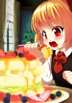  1girl ascot banana black_dress blueberry cake curtains dress eating food food_on_face fork fruit hair_ribbon inmu_(artist) kiwifruit long_sleeves open_mouth raspberry red_eyes revision ribbon rumia shirt solo strawberry table touhou upper_body window 