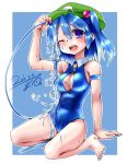  1girl ;d arm_support armband blue_eyes blue_hair breasts cleavage cleavage_cutout dated front_zipper_swimsuit hair_bobbles hair_ornament hat hose ino. kawashiro_nitori one_eye_closed open_mouth short_hair sitting smile solo touhou twintails water 