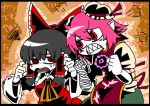  2girls angry ascot bandaged_arm bandages black_hair bow bun_cover detached_sleeves double_bun flower hair_bow hair_bun hair_ornament hair_tubes hakurei_reimu ibaraki_kasen japanese_clothes long_sleeves looking_at_another miko multiple_girls open_mouth pink_hair pointy_ears puffy_sleeves red_eyes sharp_teeth shirt short_hair short_sleeves skirt suenari sweatdrop tabard teeth text touhou wide_sleeves 