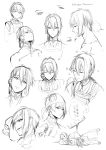 1boy character_name closed_eyes face highres japanese_clothes lying male_focus mikazuki_munechika monochrome obo on_side sketch solo touken_ranbu translation_request turtleneck upper_body white_background 