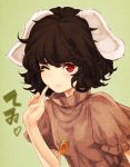  1girl ;3 animal_ears black_hair carrot carrot_necklace dress green_background heart inaba_tewi jewelry looking_at_viewer necklace one_eye_closed pink_dress pointing puffy_sleeves rabbit_ears red_eyes short_hair short_sleeves simple_background smile solo text touhou turtleneck urin wavy_hair 