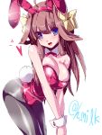  1girl animal_ears blue_eyes bowtie breasts brown_hair bunny_tail bunnysuit cleavage detached_collar double_bun female hair_ribbon kantai_collection kongou_(kantai_collection) long_hair miuku_(marine_sapphire) pantyhose rabbit_ears ribbon solo tail wrist_cuffs 