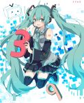  1girl 39 ahoge aqua_eyes aqua_hair bare_shoulders black_legwear black_skirt blush boots detached_sleeves hatsune_miku headset heremia highres long_hair looking_at_viewer necktie niconico skirt sleeveless smile solo thigh-highs thigh_boots twintails very_long_hair vocaloid 