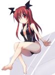  1girl bat_wings cleavage_cutout front_zipper_swimsuit glass head_wings ichidai_taisa koakuma long_hair looking_at_viewer one-piece_swimsuit red_eyes redhead sitting smile swimsuit touhou wings 