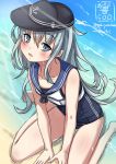  1girl alternate_costume blue_eyes cosplay crop_top hat hibiki_(kantai_collection) kantai_collection long_hair ro-500_(kantai_collection) ro-500_(kantai_collection)_(cosplay) sailor_collar sakiyamama school_swimsuit silver_hair sitting swimsuit swimsuit_under_clothes wariza 