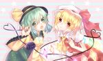  2girls ascot blonde_hair blush crystal eyeball flandre_scarlet green_eyes green_hair hat hat_ribbon heart heart-shaped_pupils heart_of_string komeiji_koishi long_sleeves looking_at_viewer multiple_girls nail_polish open_mouth puffy_short_sleeves puffy_sleeves red_eyes red_string ribbon short_hair short_sleeves skirt skirt_set string symbol-shaped_pupils third_eye touhou wings yuuki_(yuurinn_yuurinn) 