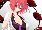  1girl black_bra blazer blush bra breasts cleavage collarbone drum drum_set hand_in_hair highres horikawa_raiko instrument lace-trimmed_bra large_breasts light_smile looking_at_viewer loose_necktie necktie open_blazer open_clothes red_eyes redhead sakurame shirt solo touhou unbuttoned underwear upper_body 