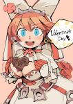  1girl between_breasts blue_eyes blush breasts chocolate chocolate_heart cleavage cleavage_cutout clover dress earrings elphelt_valentine four-leaf_clover gloves guilty_gear guilty_gear_xrd heart hounori jewelry large_breasts looking_at_viewer short_hair sketch smile solo spikes sweat valentine veil 