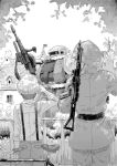  2boys cabbie_hat character_request copyright_request from_behind gun gundam hat helmet mecha monochrome multiple_boys rifle salute sleeves_rolled_up soldier suspenders waving weapon 