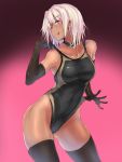  collar competition_swimsuit dark_skin earrings elbow_gloves gloves jewelry looking_at_viewer naughty_face one-piece_swimsuit one_eye_closed original silver_hair swimsuit thigh-highs ulrich_(tagaragakuin) 