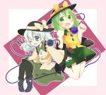  blush bow clenched_hand collaboration dual_persona eyeball green_eyes green_hair hat hat_bow heart heart_of_string jumping komeiji_koishi long_sleeves looking_at_viewer one_eye_closed open_mouth pantyhose short_hair silver_hair sitting skirt third_eye touhou wide_sleeves yakimochi yamase 