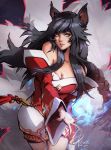  ahri amber_eyes animal_ears black_hair braid breasts cleavage fox_ears fox_tail korean_clothes league_of_legends long_hair multiple_tails tail 