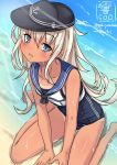  1girl alternate_costume alternate_hair_color blonde_hair blue_eyes cosplay crop_top hat hibiki_(kantai_collection) kantai_collection long_hair ro-500_(kantai_collection) ro-500_(kantai_collection)_(cosplay) sailor_collar sakiyamama school_swimsuit sitting swimsuit swimsuit_under_clothes tan tanline wariza 