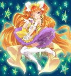  1girl ;) amanogawa_kirara bare_shoulders boots brown_hair chiigo cure_twinkle earrings gloves go!_princess_precure jewelry long_hair magical_girl multicolored_hair one_eye_closed precure redhead smile solo star star_earrings starry_background thigh-highs thigh_boots twintails two-tone_hair violet_eyes white_gloves white_legwear 