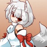  &gt;:) 1girl animal_ears bare_shoulders breasts detached_sleeves inubashiri_momiji inunoko. looking_at_viewer naughty_face pom_pom_(clothes) red_eyes short_hair silver_hair smirk solo tail touhou tsurime undershirt wolf_ears wolf_tail 