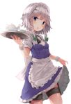  1girl apron blue_eyes bow braid cup frills hair_bow hair_ornament izayoi_sakuya jpeg_artifacts looking_at_viewer maid_headdress open_mouth puffy_sleeves ribbon shirt short_hair short_sleeves silver_hair simple_background skirt skirt_lift skirt_set solo teacup teapot touhou twin_braids waist_apron white_background wrist_cuffs yukizumi_remon 