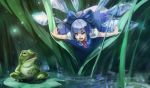  1girl blue_dress blue_eyes blue_hair bow carrot_(pixiv9407947) cirno dress fairy frog grass hair_bow ice ice_wings minigirl open_mouth puffy_short_sleeves puffy_sleeves shirt short_sleeves smile solo touhou water wings 