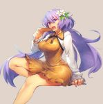  1girl breasts cowboy_shot eating flower food food_on_face hair_flower hair_ornament large_breasts lavender_background long_hair long_sleeves looking_at_viewer open_mouth purple_hair simple_background sitting skirt taut_clothes taut_dress temmasa22 tongue touhou tsukumo_benben very_long_hair violet_eyes 