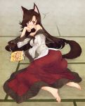  /\/\/\ 1girl :t animal_ears bare_shoulders barefoot blush brooch brown_hair dress eating feet imaizumi_kagerou jewelry jpeg_artifacts long_hair long_sleeves looking_at_viewer lying on_side red_eyes solo tail tatami touhou urin wolf_ears wolf_tail 