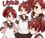  1girl blush brown_hair green_eyes kantai_collection multiple_views pleated_skirt school_uniform serafuku shikinami_(kantai_collection) short_hair short_ponytail skirt smile solo yukinojou_yakan 