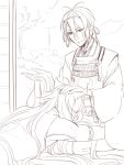  2boys indoors japanese_clothes kogitsunemaru long_hair lying male_focus mikazuki_munechika monochrome multiple_boys on_stomach short_hair sitting sketch sliding_doors stone_lantern touken_ranbu tree zuwai_kani 