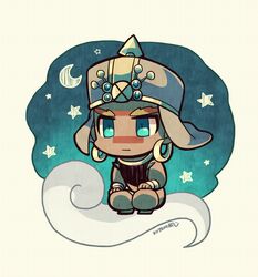  1boy blue_eyes chibi clouds crescent_moon dark_skin earrings hat hoop_earrings jewelry jojo_no_kimyou_na_bouken kotorai moon solo turban wamuu 