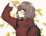  1girl backpack bag bangs brown_hair glasses hand_up leaf leaves_in_wind looking_up nail_polish original red_nails ribbed_sweater short_hair simple_background sino42 sweater violet_eyes 