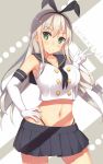  1girl black_panties blonde_hair blush breasts elbow_gloves gloves green_eyes hairband hand_on_hip highres kantai_collection large_breasts long_hair looking_at_viewer midriff nagomi_no_ame navel panties shimakaze_(kantai_collection) skirt solo striped underwear v white_gloves 