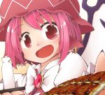  1girl :d bottle eel food grilled_eel jagabutter mystia_lorelei open_mouth pink_hair red_eyes short_hair skewer smile touhou 