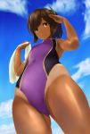  1girl bare_shoulders brown_eyes brown_hair competition_swimsuit from_below highres i-401_(kantai_collection) kantai_collection looking_at_viewer looking_down one-piece_swimsuit one-piece_tan ponytail short_hair short_ponytail smile solo swimsuit tan tanline wa_(genryusui) 