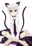  1girl animal_ears bell cat_ears cat_tail doll_joints green_eyes heterochromia highres kitou_kaitai multiple_tails necktie original short_hair simple_background sitting smile solo tail violet_eyes white_background 