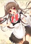  1girl :d absurdres apron brown_hair cupcake garter_straps highres long_hair looking_at_viewer maid maid_apron maid_headdress nonomaro open_mouth original red_eyes smile solo tagme thigh-highs tray zettai_ryouiki 