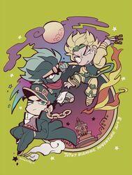  3boys between_fingers chibi dio_brando full_moon jojo_no_kimyou_na_bouken knife kotorai kuujou_joutarou moon multiple_boys stand_(jojo) star_platinum 