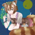  1girl animal_ears brown_eyes brown_hair full_moon futatsuiwa_mamizou glasses gourd leaf leaf_on_head moon pince-nez rabbit raccoon_ears raccoon_tail somsom tail touhou 