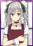  1girl book drill_hair highres idolmaster idolmaster_cinderella_girls isshiki_(ffmania7) jewelry kanzaki_ranko long_hair necklace pout red_eyes silver_hair solo twin_drills twintails 
