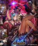  1girl :p arm_up bare_shoulders bird blue_hair breasts cage cat cleavage copyright_name crow cup dress earrings feathers fire gradient_hair green_eyes hair_over_one_eye hat horns jewelry leg_up long_hair looking_at_viewer magic matsuda_(matsukichi) multicolored_hair pantyhose pointy_ears purple_hair shingeki_no_bahamut sitting skull solo spilled table tea teacup tongue tongue_out two-tone_hair 